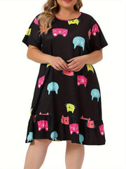 Colorful Cat Print Nightdress with Ruffle Trim