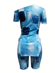 Denim Print Two piece Set Top & Shorts Outfit Women's Clothing