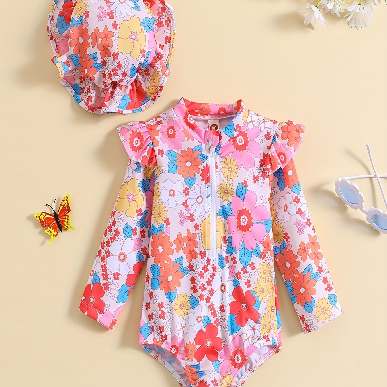 Girls Hat & Swimsuit Set Long Sleeve Zipper Bathing Suit