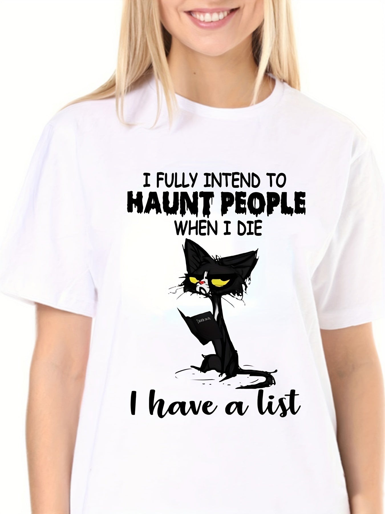 Cat Book Letter Print T-shirt Crew Neck Short Sleeve Active Tee