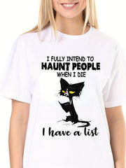 Cat Book Letter Print T-shirt Crew Neck Short Sleeve Active Tee