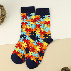 3 Pairs Puzzle Print Socks Comfy & Breathable Women's Mid Tube Stockings