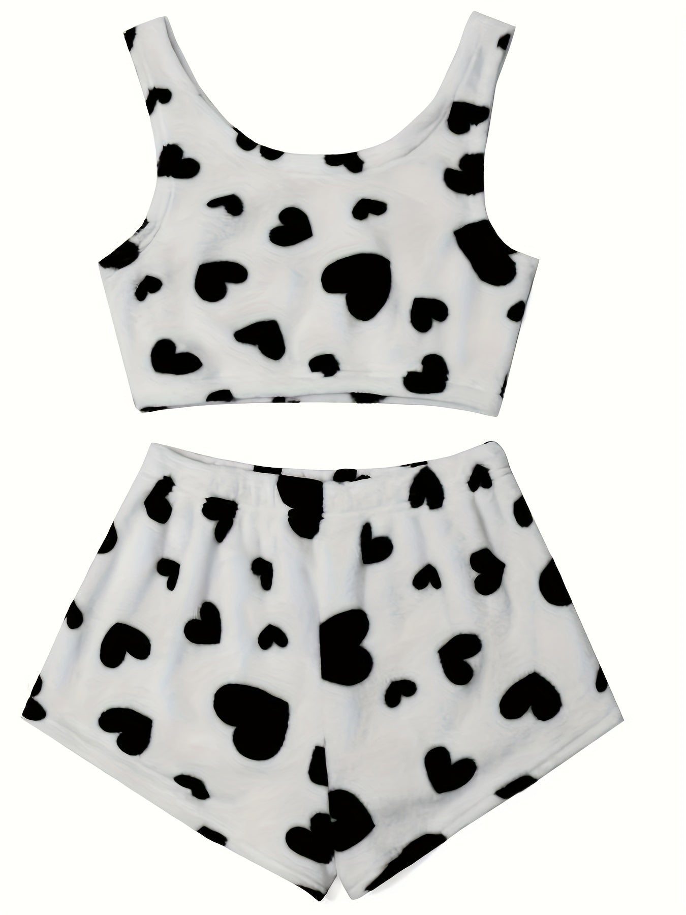 Heart Print Flannel Crop Top & Shorts Lounge Set