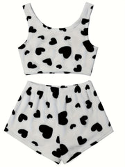 Heart Print Flannel Crop Top & Shorts Lounge Set