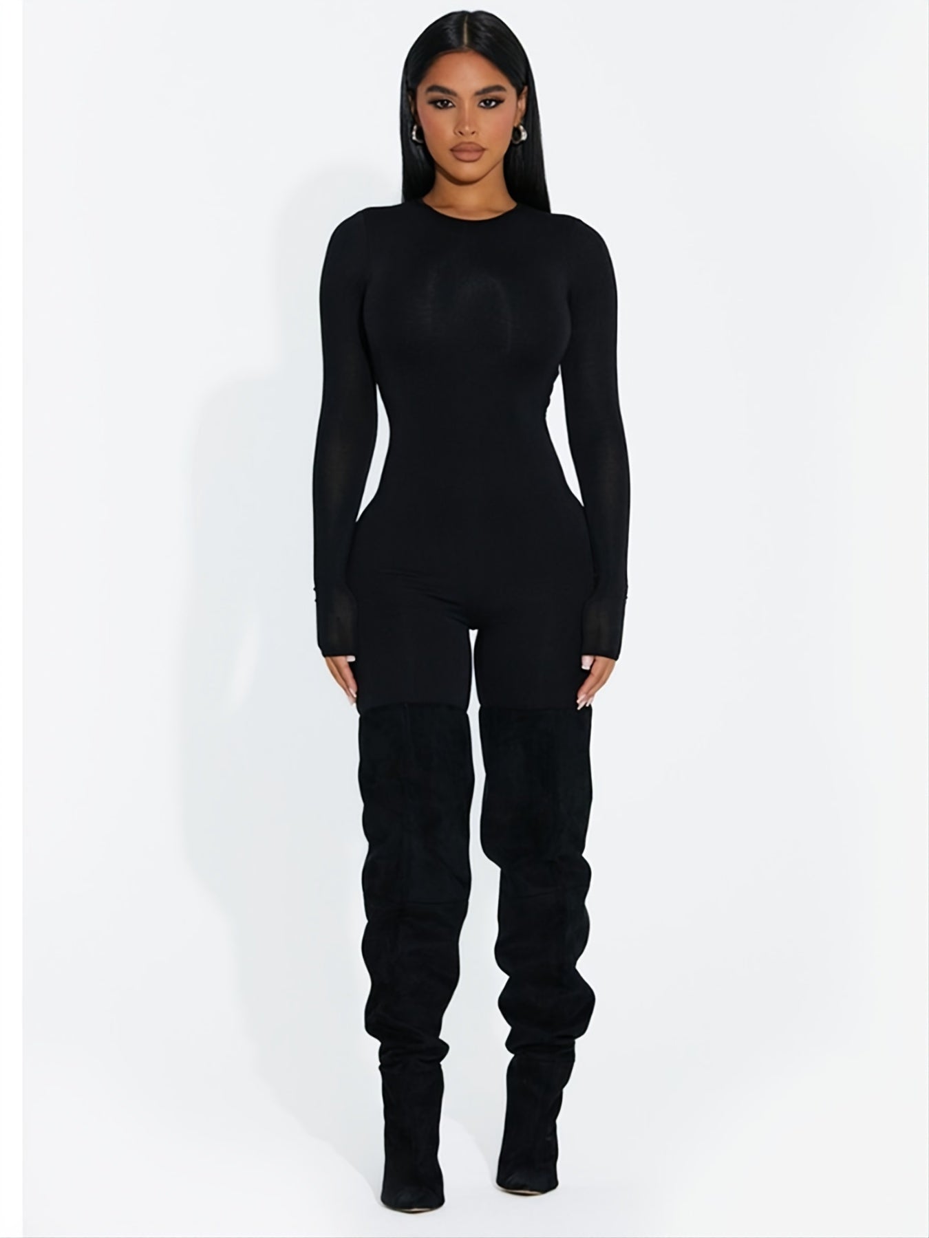 Solid Skinny Stretchy Jumpsuit Crew Neck Long Sleeve Casual Suit