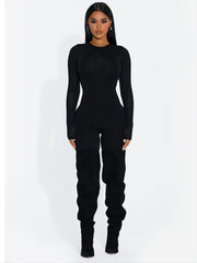 Solid Skinny Stretchy Jumpsuit Crew Neck Long Sleeve Casual Suit