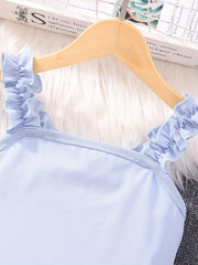 2pcs Girls Frilled Strap Top Tropical Belted Shorts Set