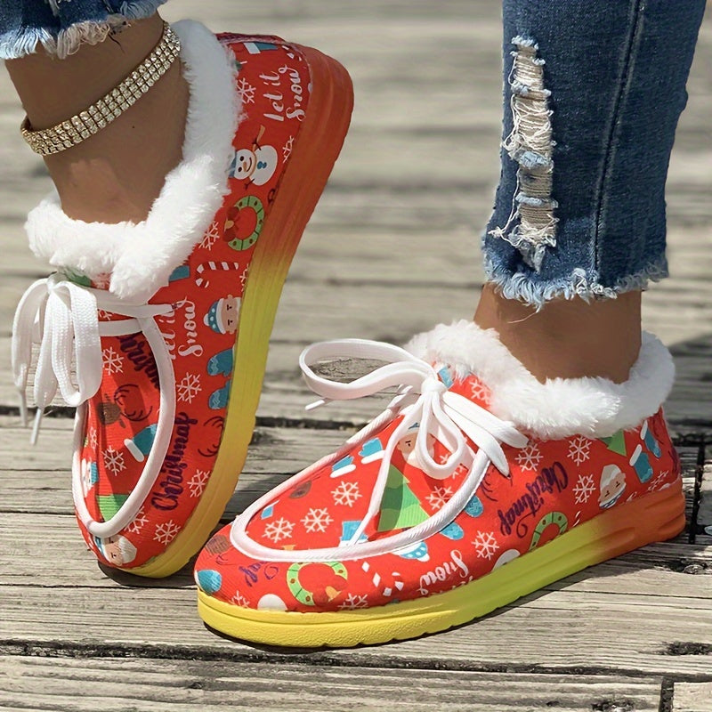Women's Christmas Snow Boots Snowman Prints Winter Warm Lace-up Shoes