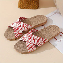 Women's Linen Flat Slides with Geometric Pattern
