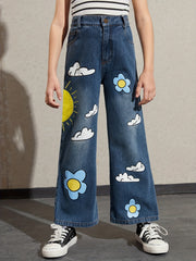 Girls Sun Flower Cloud Print Denim Trousers for Daily Wear