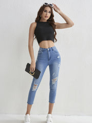Ripped Holes Cropped Jeans Slim Fit High Stretch Capris Denim Pants