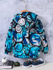 Boy's Tie Dye Happy Face Allover Print Hooded Fleece Jacket Zip Up Coat