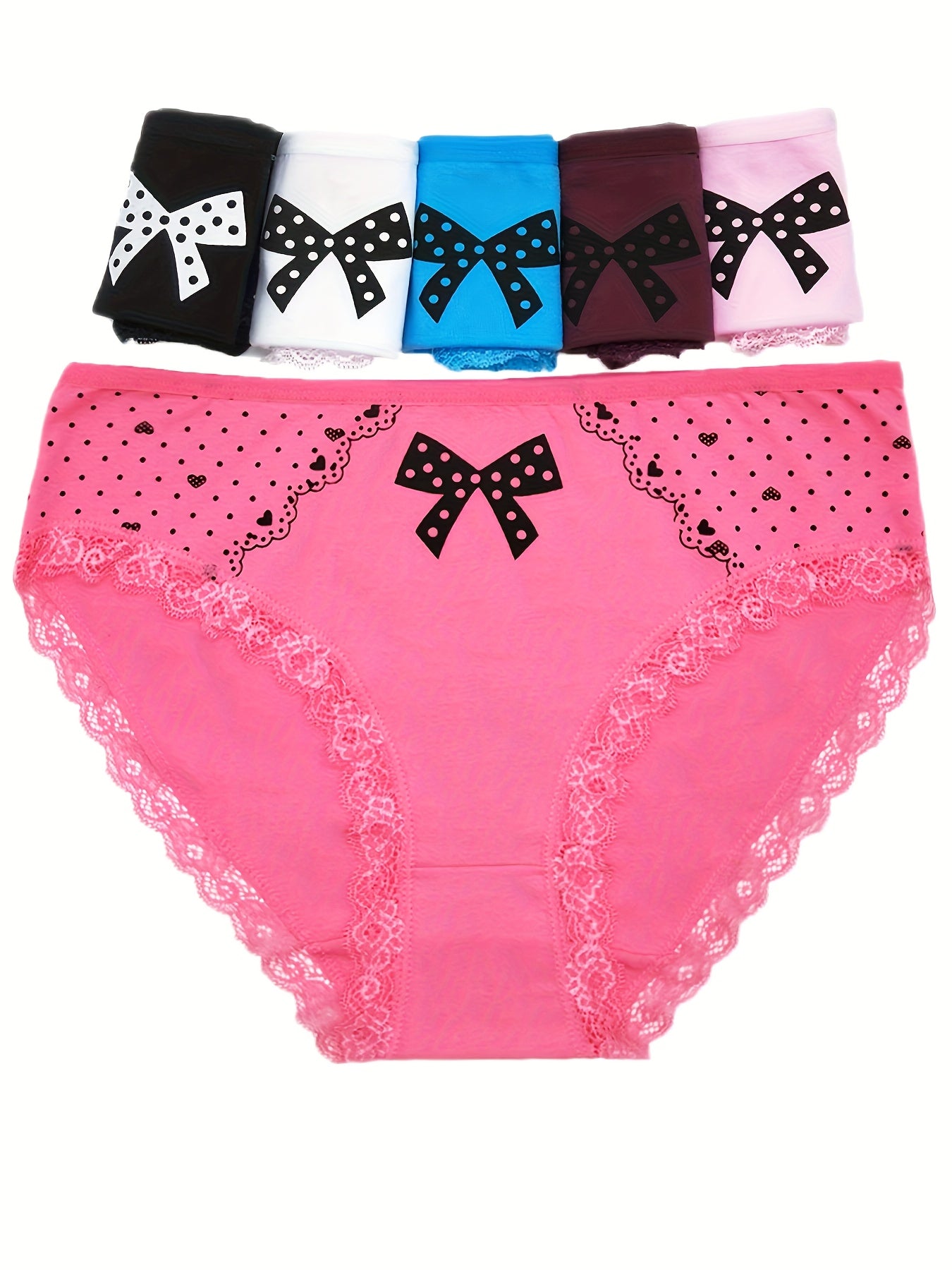 6pcs Heart & Bow Print Lace Trim Briefs Stretchy Intimates Panties