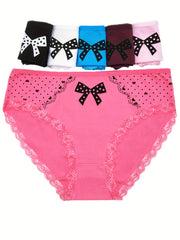 6pcs Heart & Bow Print Lace Trim Briefs Stretchy Intimates Panties
