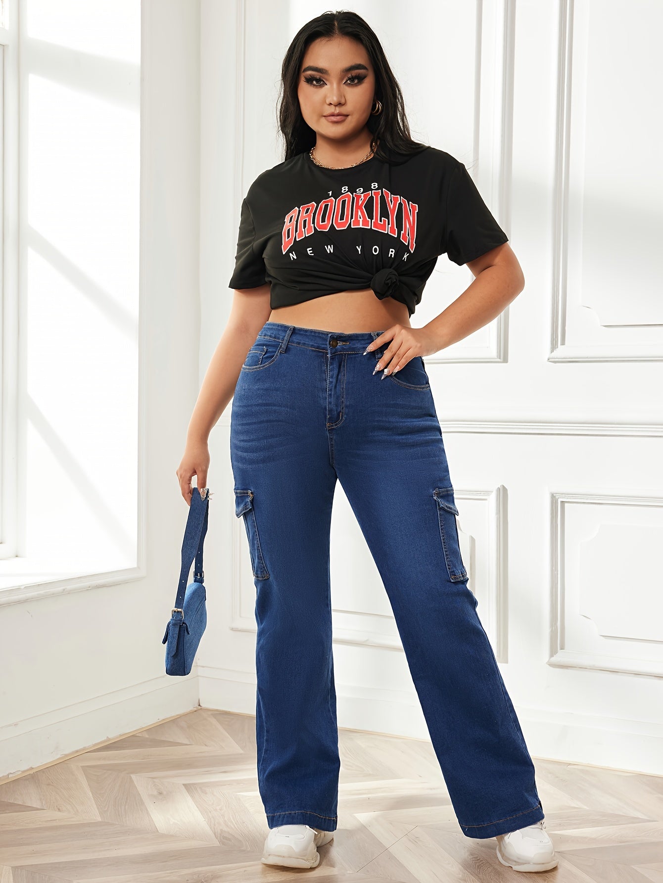 Washed Button Fly High Rise Wide Leg Cargo Jeans