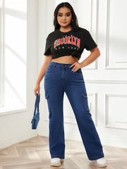 Washed Button Fly High Rise Wide Leg Cargo Jeans