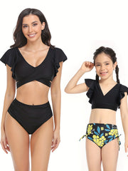 Mom & Daughter Matching Bikini Swimsuit Set Tropical Plant Print Ruffle