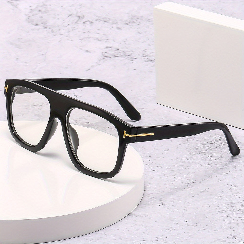 Men's Retro Square Frame T letter Decoration Flat Glasses Anti Light PC Eyewear