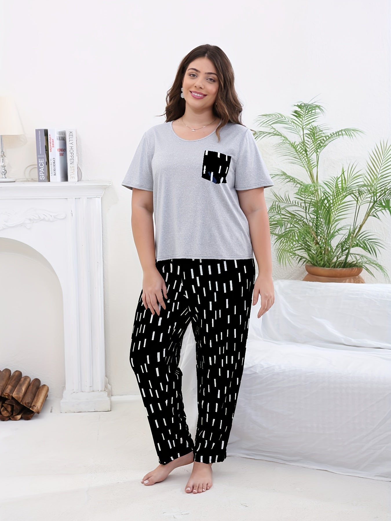 Casual Pajama Set Solid Short Sleeve Tee & Striped Pants