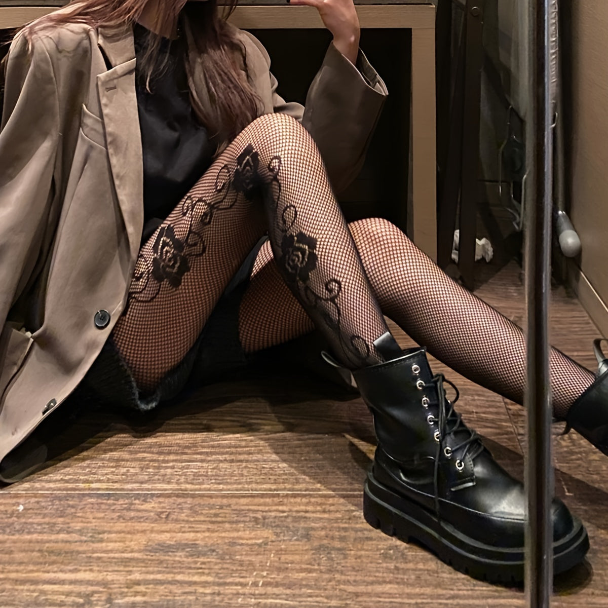 Floral Jacquard Tights High Waist Fishnet Pantyhose