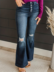 Ombre Ripped Button Up High Rise Flared Jeans
