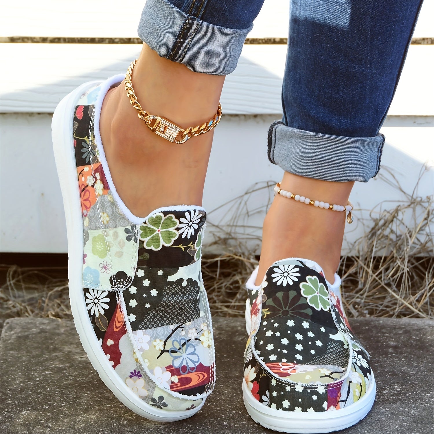 Women's Flower Patchwork Mules Sneakers Slip on Flat Slippers