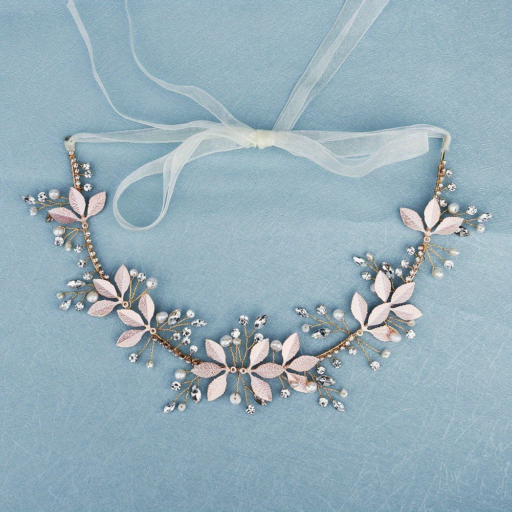 Leaf Charm Hair Band Rhinestone & Faux Pearl Decor Headband Bridal