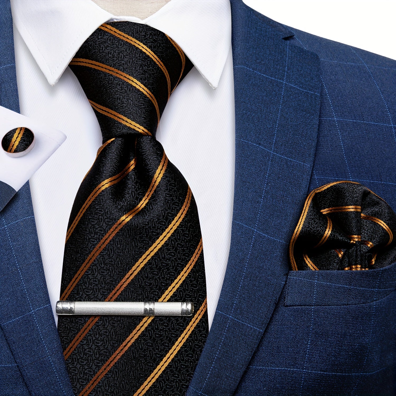 Men's Golden Striped Silk Necktie Set Wedding