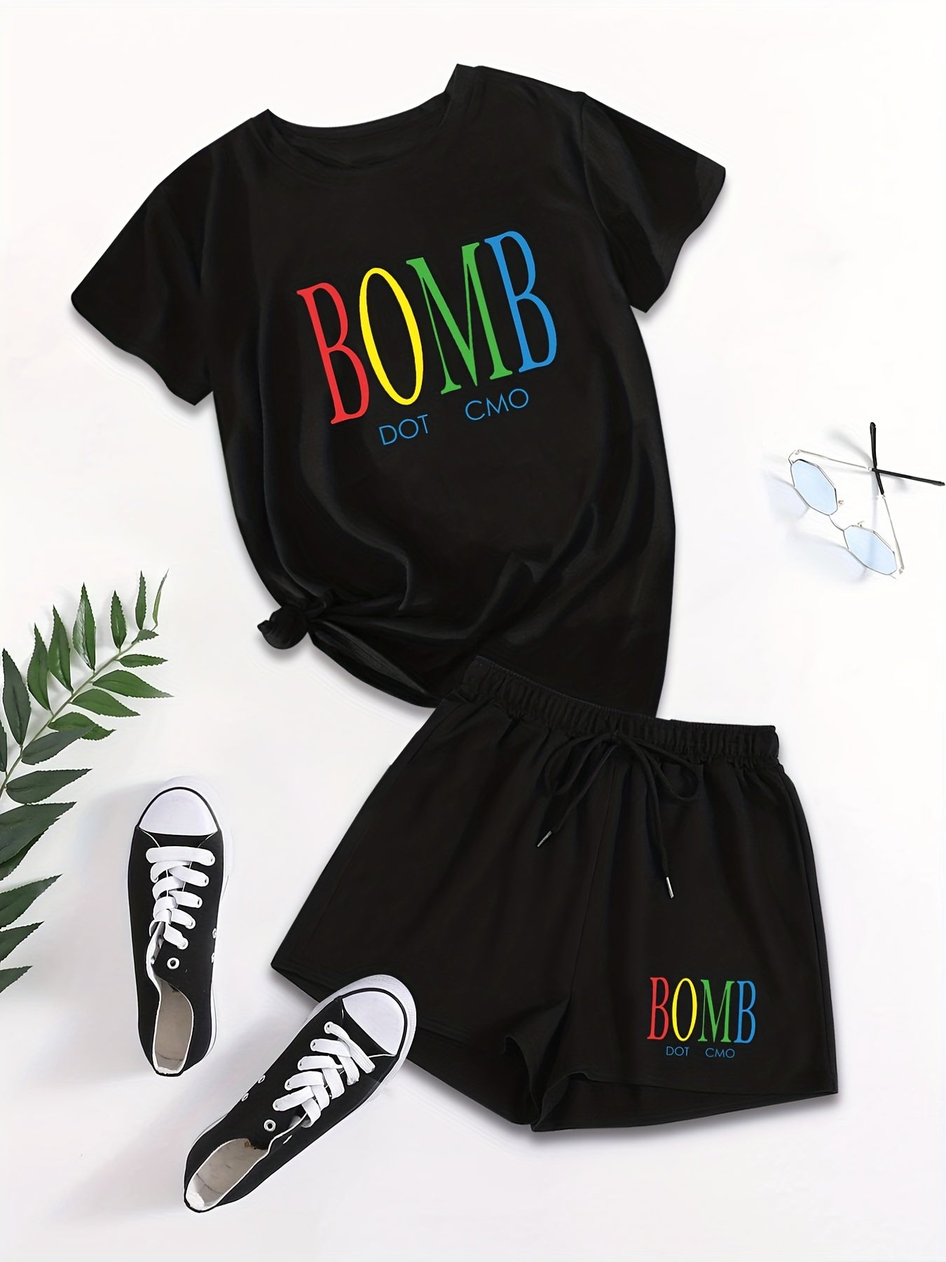 Letter Print Casual Short Sleeve T-shirt & Drawstring Waist Shorts