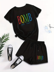 Letter Print Casual Short Sleeve T-shirt & Drawstring Waist Shorts