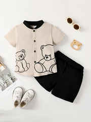Boys Bear Outfit Shorts & Shirt Short Sleeves Stand Collar Casual Summer