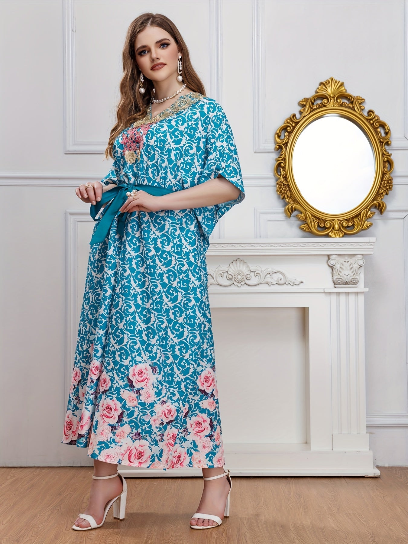 Baroque & Floral Print V-Neck Maxi Dress