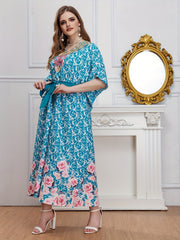 Baroque & Floral Print V-Neck Maxi Dress