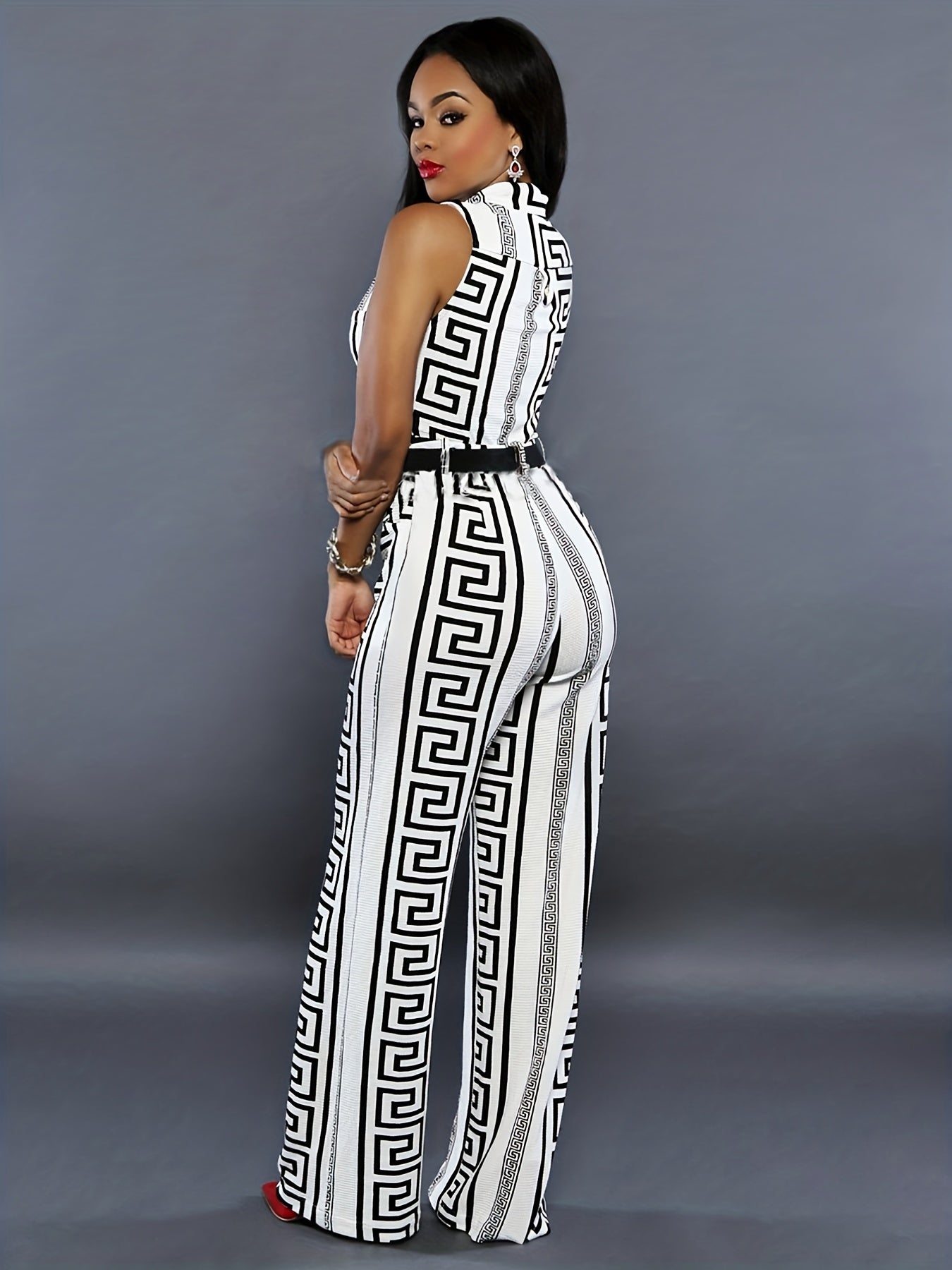 Geo Print Button Front Jumpsuit Sleeveless Wide Leg Jumpsuit