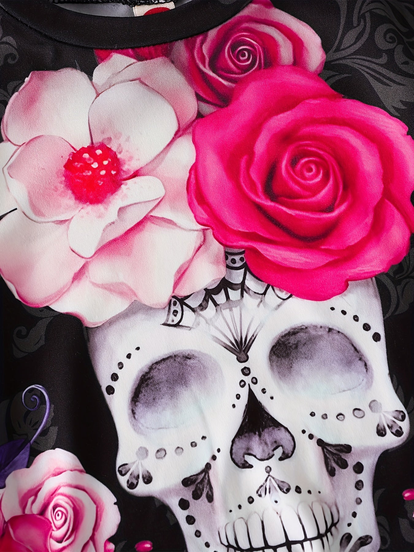 Floral Skull Print Girls Creative T-shirt Lightweight Short Sleeve Tee