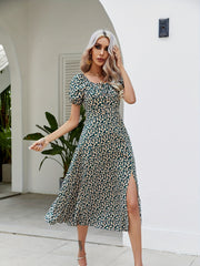 Floral Square Neck Split Dress Short Sleeve Spring Summer Women's Clothing