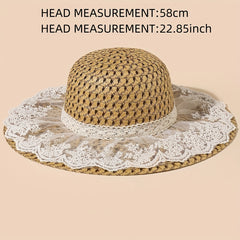 Women's Sunshade Straw Hat with Lace Bow Decor