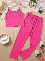 2pcs Girls Skinny Ribbed Cami Vest Top & Casual Trousers Summer Kids Clothes