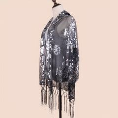 Sequin Paisley Embroidery Shawl Silvery Tassel Vintage Cape