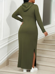 Plus Size Ribbed Hooded Long Sleeve Midi Dress
