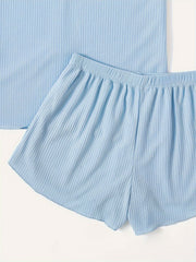 Bow Ribbed Lounge Set Top & Shorts Women's Loungewear