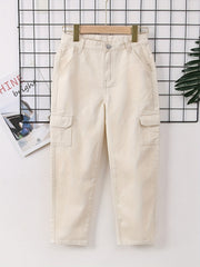Girls Casual Denim Cargo Pants Elastic Waist Jogger Pants