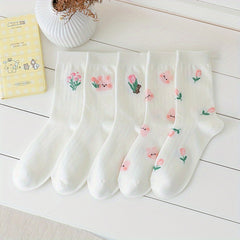 5 Pairs Floral Print Socks Comfy & Breathable Women's Stockings