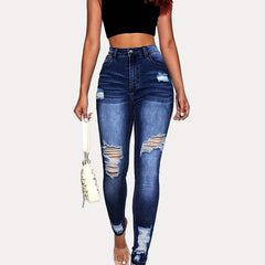 High Rise Ripped Leg Skinny Jeans Water Ripple Embossed Denim Pants