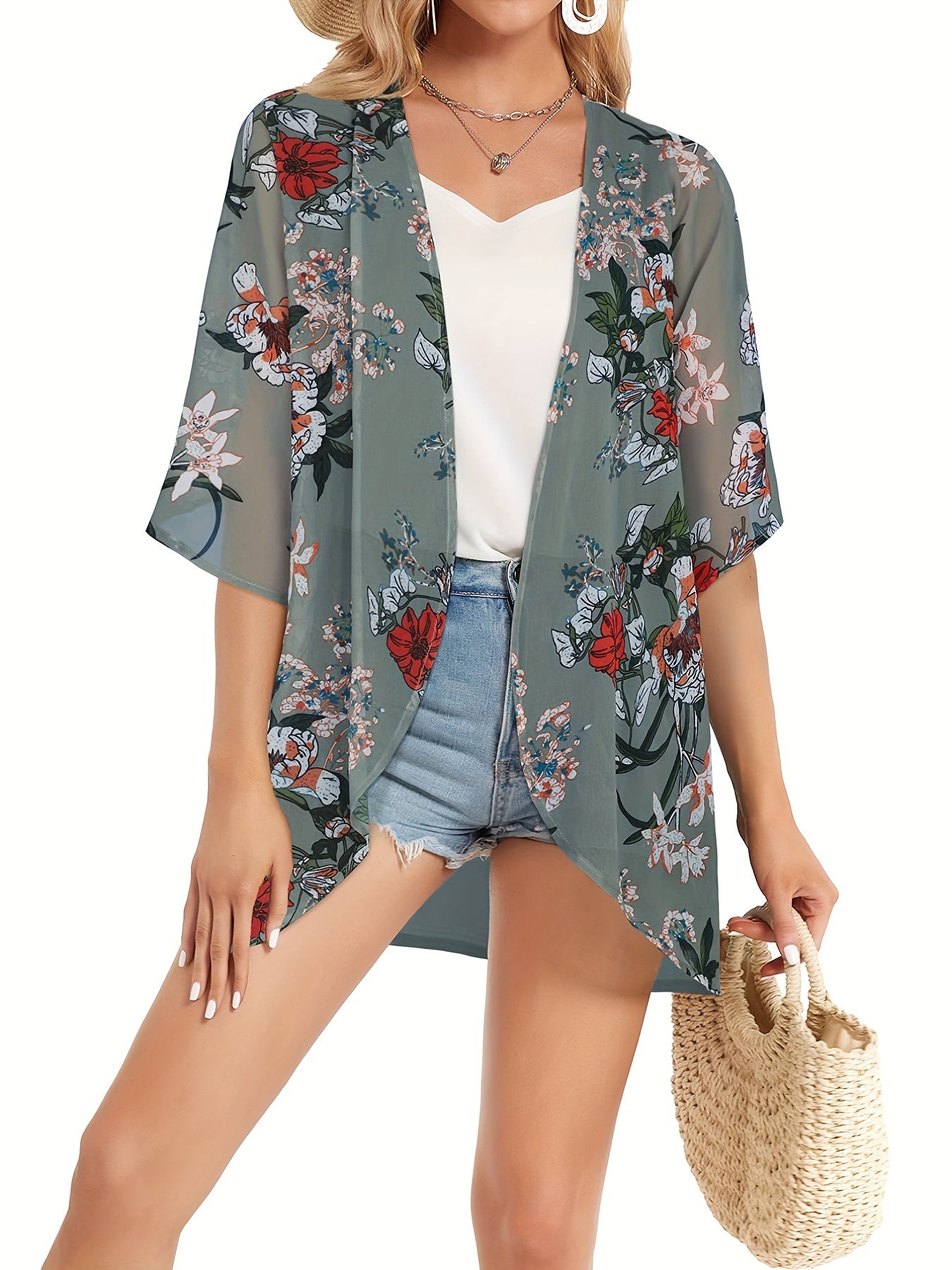 Floral Pattern Cover Up Shirt V Neck Semi Sheer Casual Beachwear Cardigan