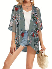 Floral Pattern Cover Up Shirt V Neck Semi Sheer Casual Beachwear Cardigan