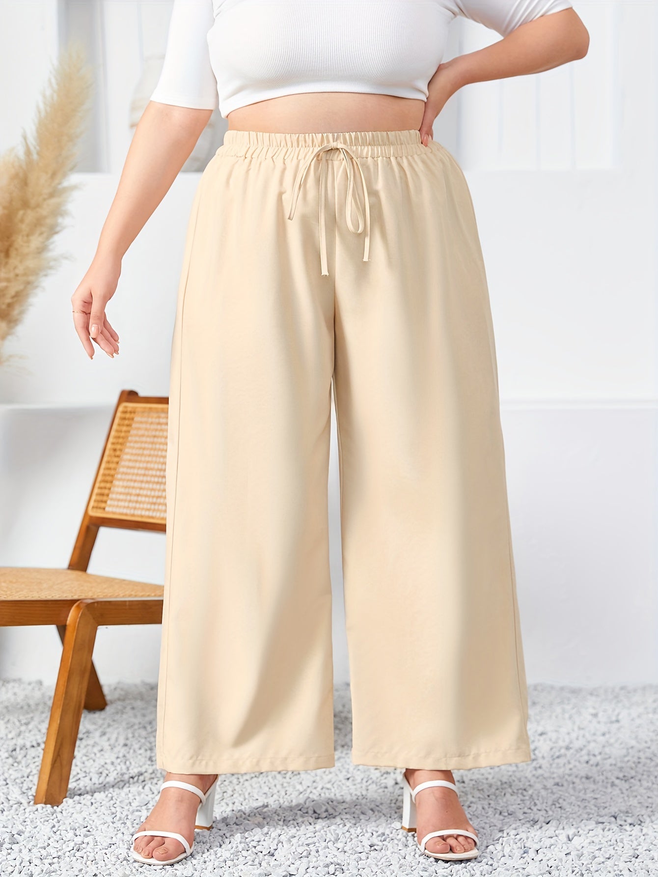 Wide Leg Trousers Elastic Drawstring Solid Pants
