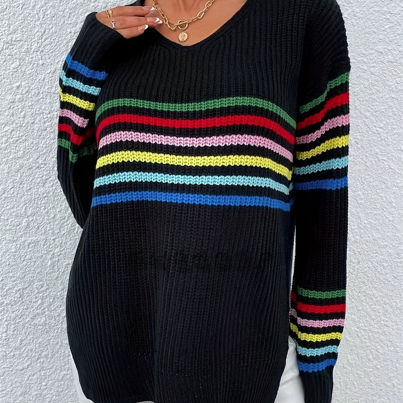 Rainbow Stripe Pullover Sweater V Neck for Women