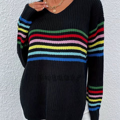 Rainbow Stripe Pullover Sweater V Neck for Women