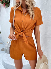 Solid Textured Shorts & Shirts Set Women's Clothing